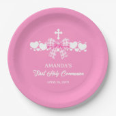 Girl's First Communion Pink Gingham Bow ペーパープレート (正面)