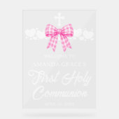 Girl's First Communion Pink Gingham Bow Welcome アクリルサイン (正面)