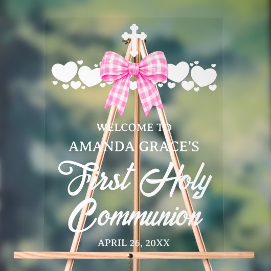 Girl's First Communion Pink Gingham Bow Welcome アクリルサイン (ニュートラル)
