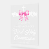 Girl's First Communion Pink Gingham Bow Welcome アクリルサイン (傾斜)