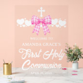Girl's First Communion Pink Gingham Bow Welcome アクリルサイン (ウェディング)