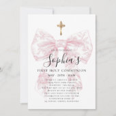 Girl's First Communion Pink Toile Bow Cross  招待状 (正面)