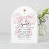Girl's First Communion Pink Toile Bow Cross Arch 招待状 (スタンド正面)