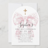 Girl's First Communion Pink Toile Bow Cross Arch 招待状 (正面)