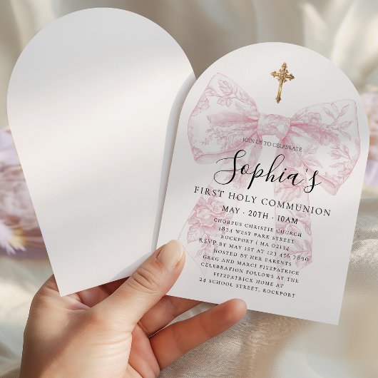 Girl's First Communion Pink Toile Bow Cross Arch 招待状