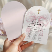 Girl's First Communion Pink Toile Bow Cross Arch 招待状