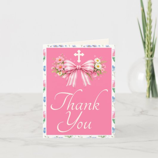 Girl's First Communion Pink Wildflower Bow  サンキューカード (正面)