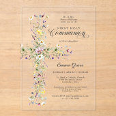Girl's First Communion Wildflowers Floral Cross アクリル招待状 (正面)