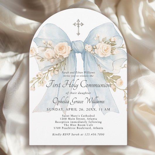 Girl's First Holy Communion Dusty Blue Floral Bow 招待状