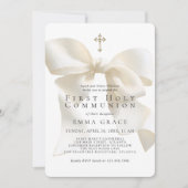 Girl's First Holy Communion Elegant Ivory Bow 招待状 (正面)