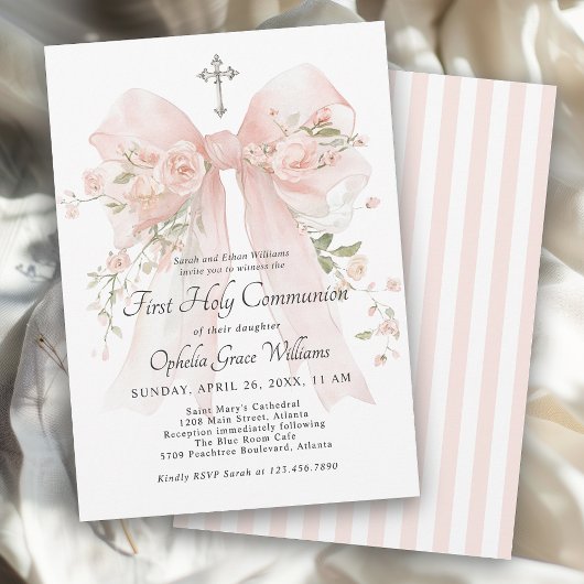 Girl's First Holy Communion Pink Floral Bow 招待状