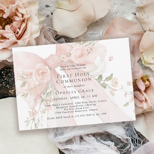 Girl's First Holy Communion Pink Floral Bow 招待状