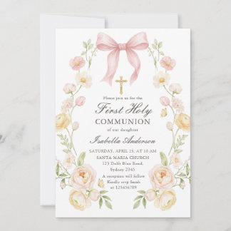 Girl's First Holy Communion Pink Floral Bow 招待状