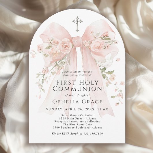 Girl's First Holy Communion Pink Floral Bow Arched 招待状