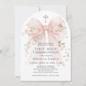 Girl's First Holy Communion Pink Floral Bow Arched 招待状 (正面)
