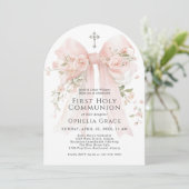 Girl's First Holy Communion Pink Floral Bow Arched 招待状 (スタンド正面)