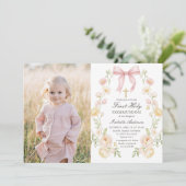 Girl's First Holy Communion Pink Floral Bow Photo 招待状 (スタンド正面)