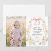Girl's First Holy Communion Pink Floral Bow Photo 招待状 (正面/裏面)