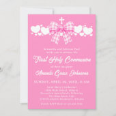 Girl's First Holy Communion Pink Gingham Bow 招待状 (正面)