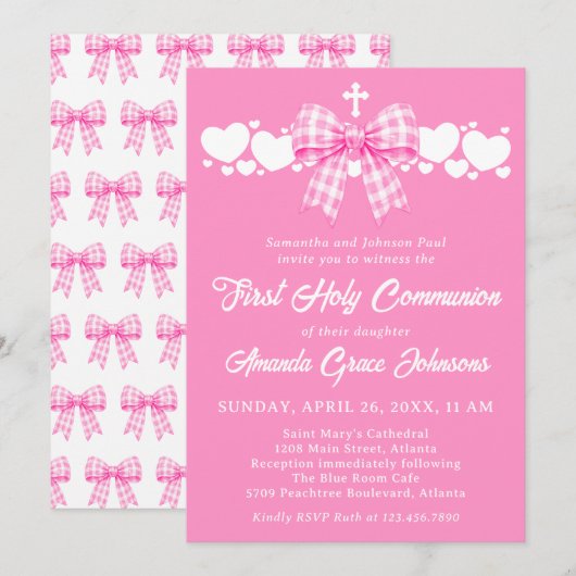 Girl's First Holy Communion Pink Gingham Bow 招待状 (正面/裏面)