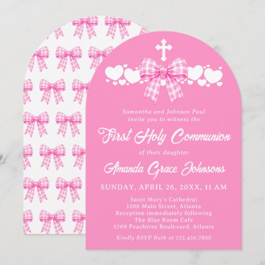 Girl's First Holy Communion Pink Gingham Bow 招待状 (正面/裏面)