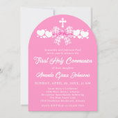Girl's First Holy Communion Pink Gingham Bow 招待状 (正面)