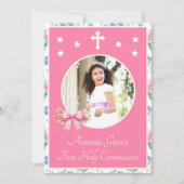 Girl's First Holy Communion Pink Wildflower Bow 招待状 (正面)
