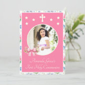Girl's First Holy Communion Pink Wildflower Bow 招待状 (スタンド正面)