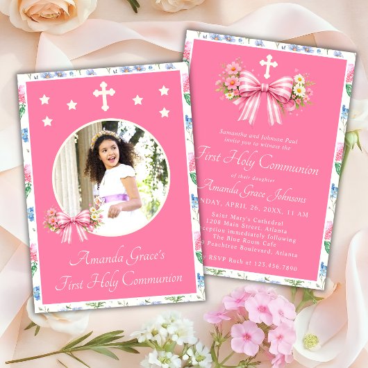 Girl's First Holy Communion Pink Wildflower Bow 招待状