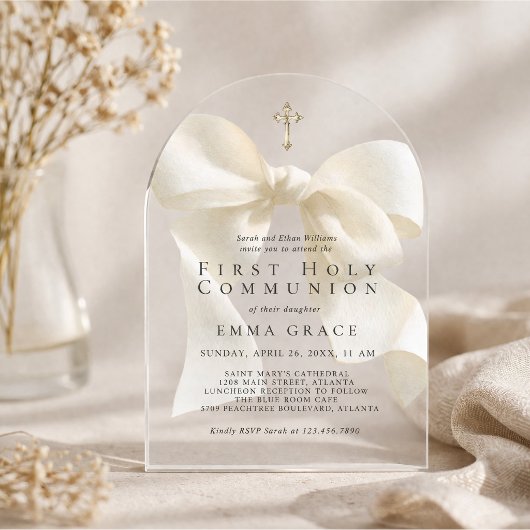 Girl's First Holy Communion Simple Ivory Bow アクリル招待状