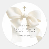 Girl's First Holy Communion Stylish Ivory Bow ラウンドシール (正面)