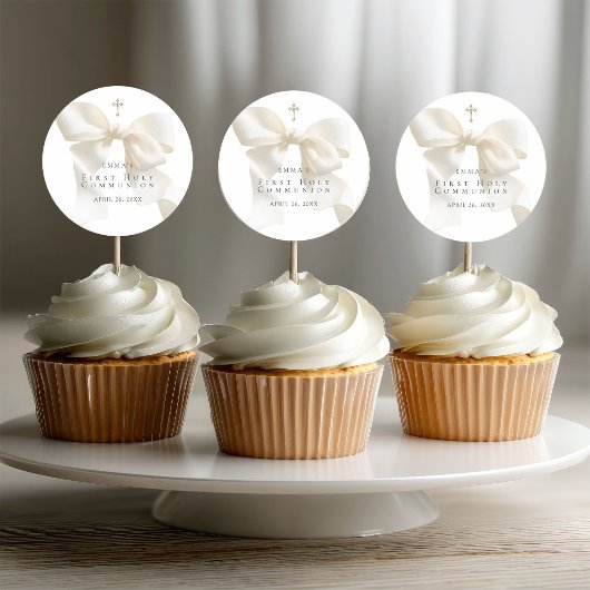 Girl's First Holy Communion Stylish Ivory Bow ラウンドシール