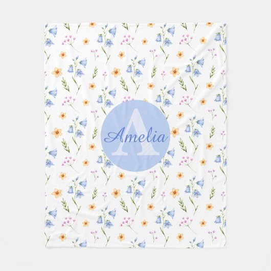 Girls Floral Pattern Monogram Name Kids Blanket フリースブランケット (正面)