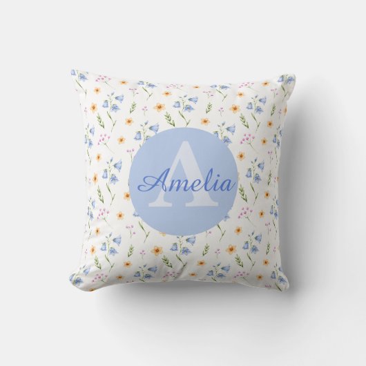 Girls Floral Pattern Monogram Name Kids Pillow クッション (正面)