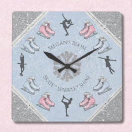 Girls Glitter Ice Rink Figure Skater Clock スクエア壁時計