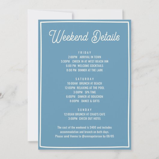 Girls Gone Mild Blue Spa Bachelorette Weekend 招待状 (裏面)