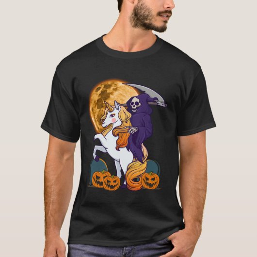 Girls Grim Reaper Riding a Unicorn Spooky Hallowee Tシャツ (正面)