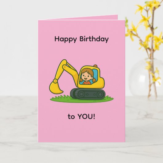 Girl''s Happy Birthday card with digger design カード (黄色い花)
