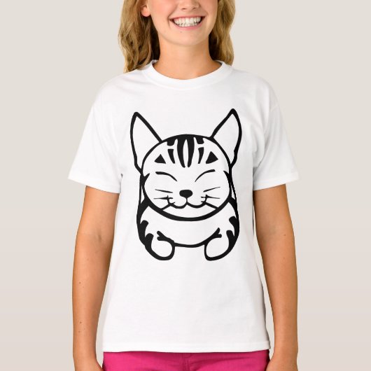 Girls Happy Cat T-shirt (black tabby) Tシャツ (正面)