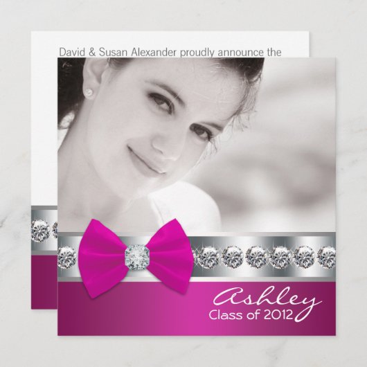 Girls Hot Pink Photo Grudationのお知らせ 招待状 (正面/裏面)