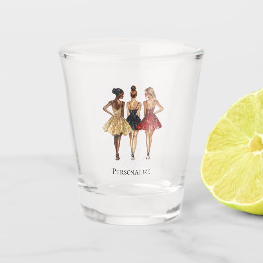 Girls in Glam Gold Black Red Dresses ショットグラス (正面)