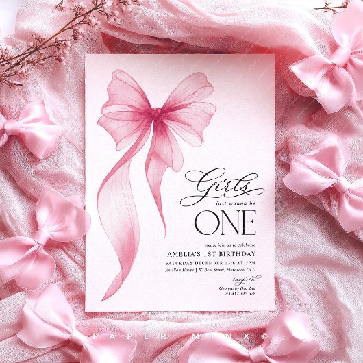 Girls just wanna be ONE 1st Birthday Pink Bow  招待状