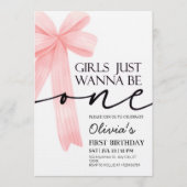 Girls Just Wanna Be One Pink Bow 1st Birthday 招待状 (正面)