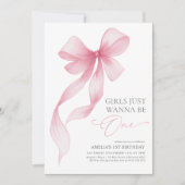 Girls Just Wanna Be One Pink Bow 1st Birthday Girl 招待状 (正面)