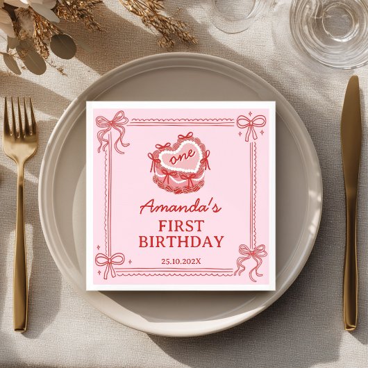 Girls Just Wanna Be One Red Pink Bow Cake Birthday スタンダードカクテルナプキン