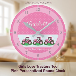 Girls Love Tractors Pink Personalized Farm Design ラウンド壁時計