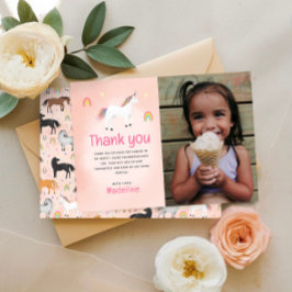 Girls Magical Pastel Pink Unicorn Birthday Photo サンキューカード