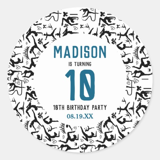 Girls Modern Black Gymnastics Kids 10th Birthday ラウンドシール (正面)