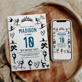 Girls Modern Black Gymnastics Kids 10th Birthday 招待状