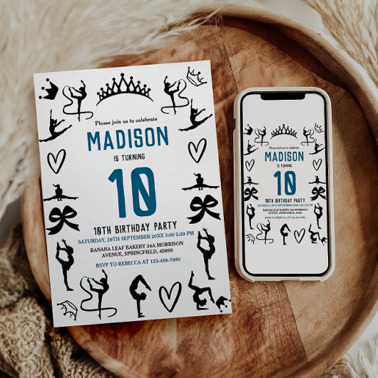 Girls Modern Black Gymnastics Kids 10th Birthday 招待状